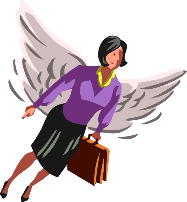 Vector Illustration of Heavenly Spiritual Angel Businesswoman Flies with Wings