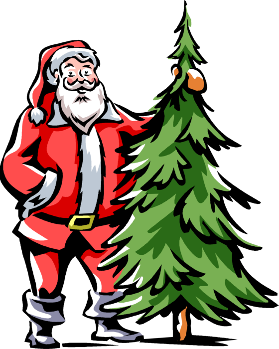 Vector Illustration of Santa Claus Stands Beside Evergreen Christmas Tree