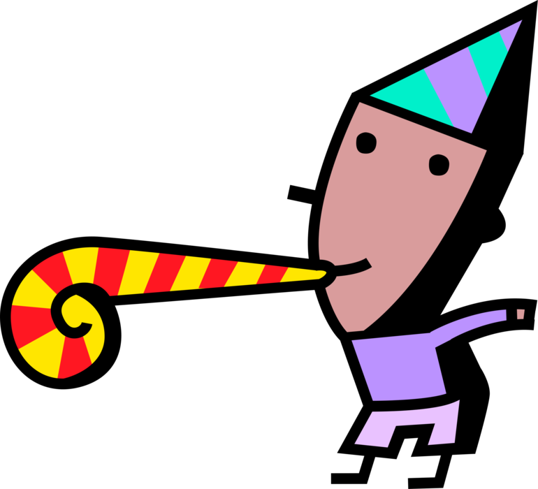 Vector Illustration of Birthday Boy Blows Party Noisemaker Whistle