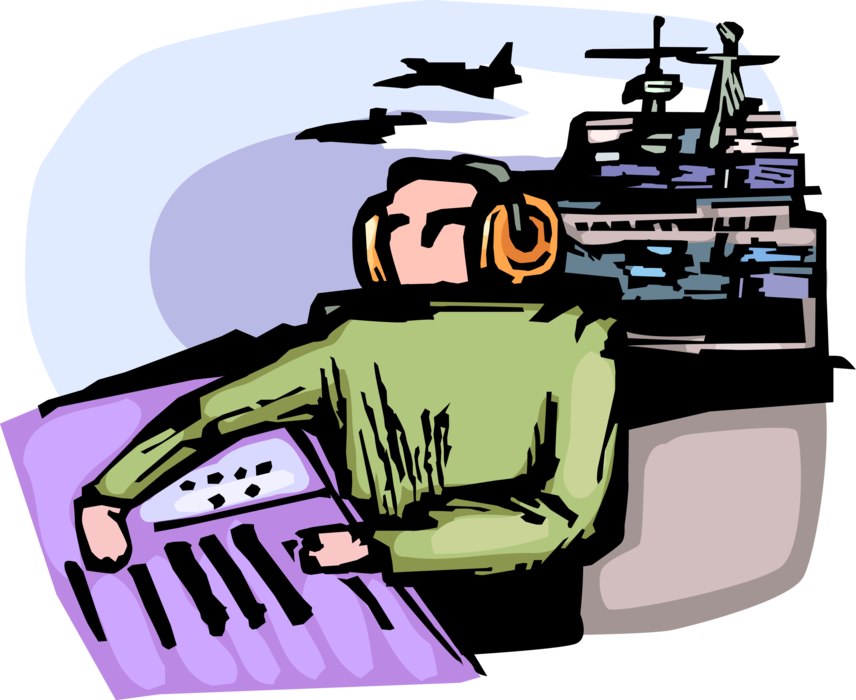 Vector Illustration of United States Navy Air Traffic Controllers Monitoring Activity Onboard Naval Aircraft Carrier Warship