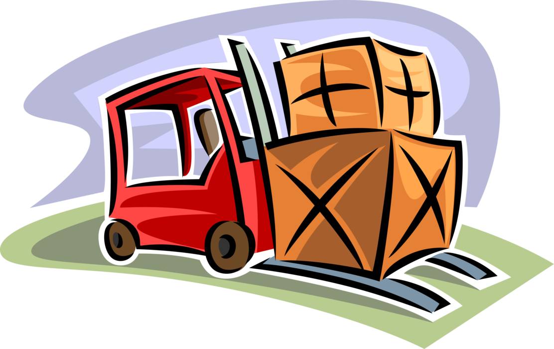 Vector Illustration of Industrial Forklift Truck Lifts Heavy Cargo Shipping Boxes