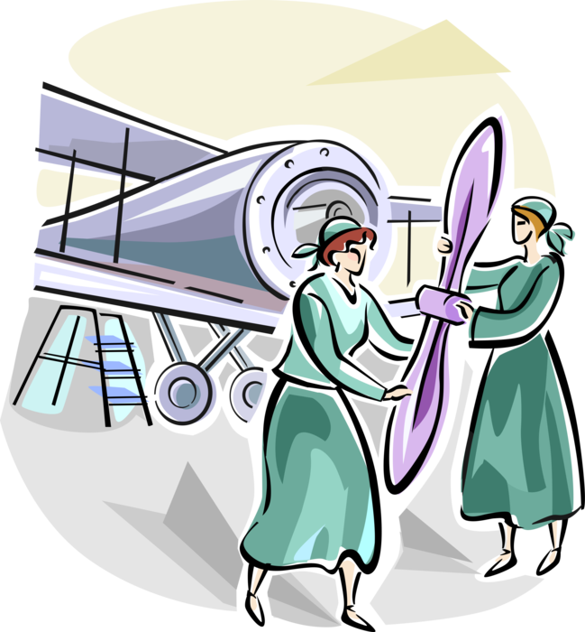 Vector Illustration of Women Working in Aircraft Manufacturing and Assembly Factory in World War One