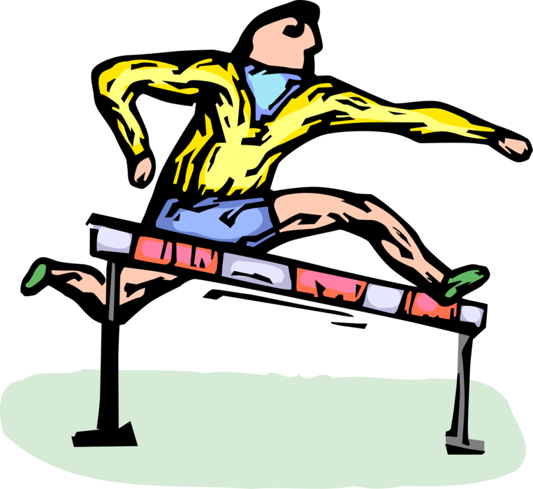 Vector Illustration of Track and Field Athletic Sport Contest Hurdler Jumps Hurdle During Race