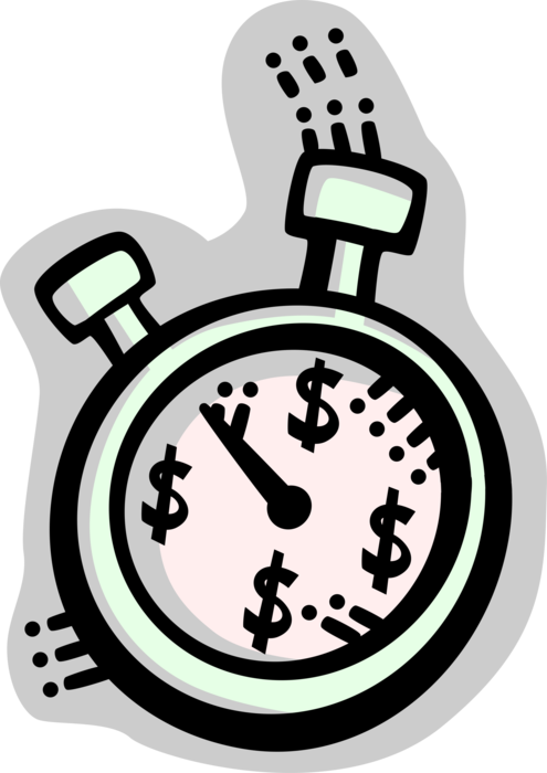 Vector Illustration of Financial Stopwatch Handheld Timepiece Measures Elapsed Time with Dollar Signs