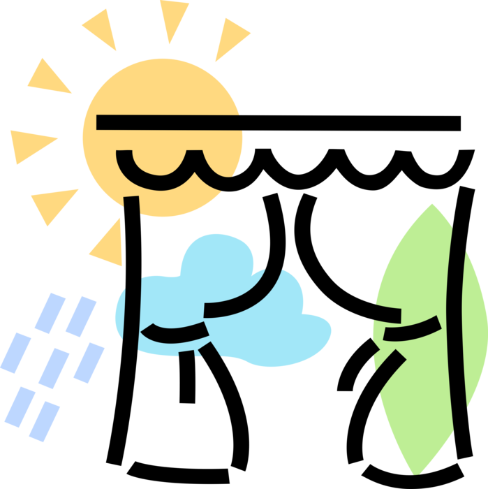 Vector Illustration of Window Curtains, Sun Solar Rays, and Weather Forecast Clouds with Rain