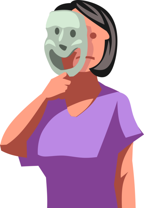 Vector Illustration of Disillusioned Businesswoman Hides Behind Smiling Mask