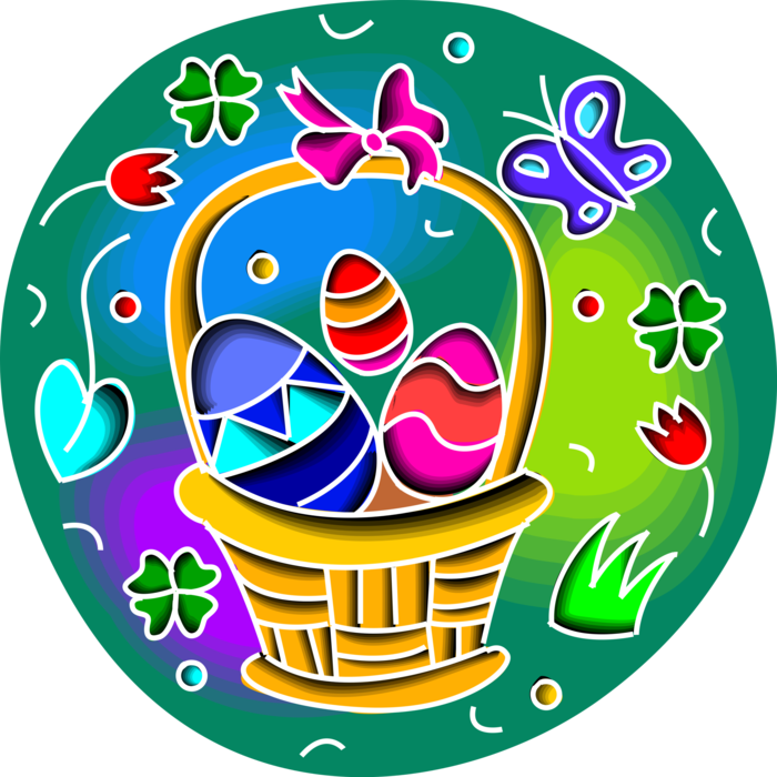 Vector Illustration of Easter Wicker Basket with Decorated Easter Eggs, Spring Flowers, Butterfly