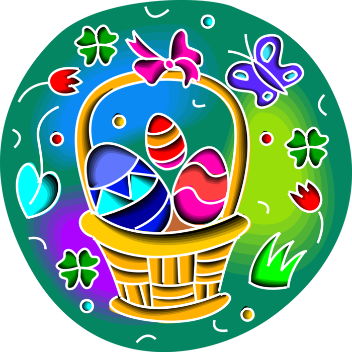 Vector Illustration of Easter Wicker Basket with Decorated Easter Eggs, Spring Flowers, Butterfly