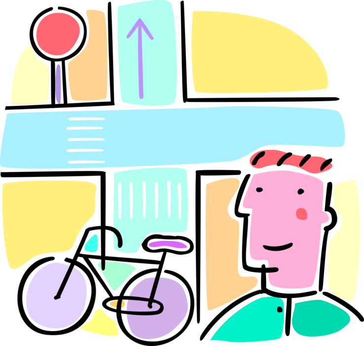 Vector Illustration of School Student with Bicycle Knows Rules of the Road at Traffic Intersection