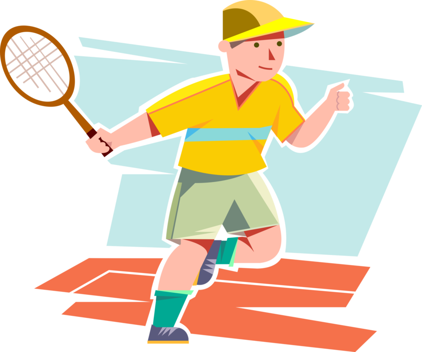 Vector Illustration of Young Adolescent Boy Plays Tennis for Fun and Exercise with Racket on Tennis Court
