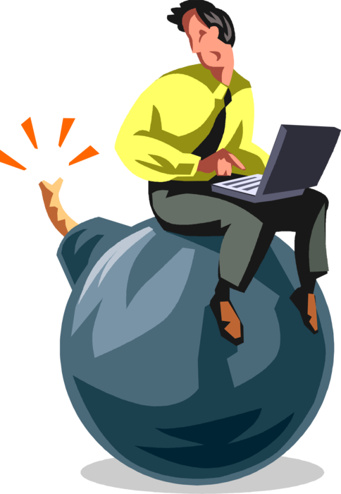 Vector Illustration of Businessman Under Extreme Pressure Sits on Explosive Bomb with Lit Fuse