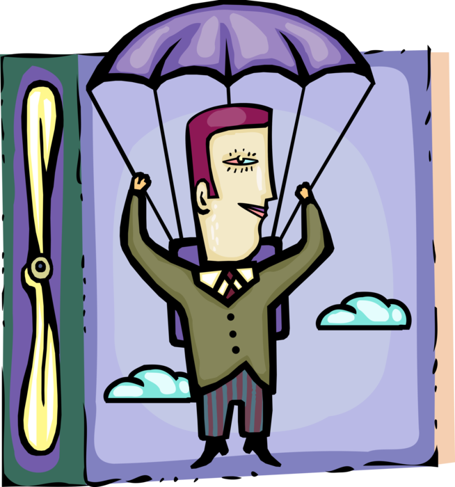 Vector Illustration of Businessman Parachutes to Safe Landing While Skydiving