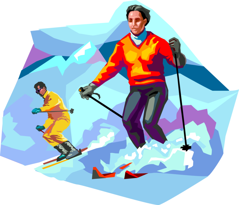 Vector Illustration of Downhill Alpine Skiers Skiing Down Mountain Slopes at Winter Ski Resort