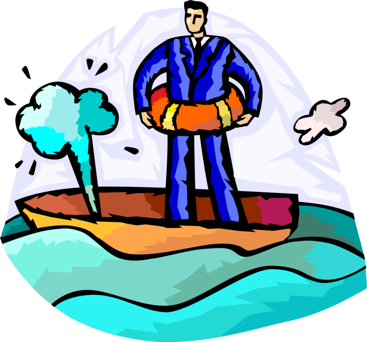 Vector Illustration of Businessman Faces Disaster with Life Preserver Flotation or Floatation Ring Stands in Sinking Boat