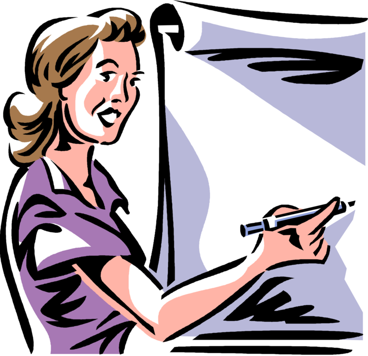 Vector Illustration of Businesswoman Writes on Flipchart During Business Meeting Presentation