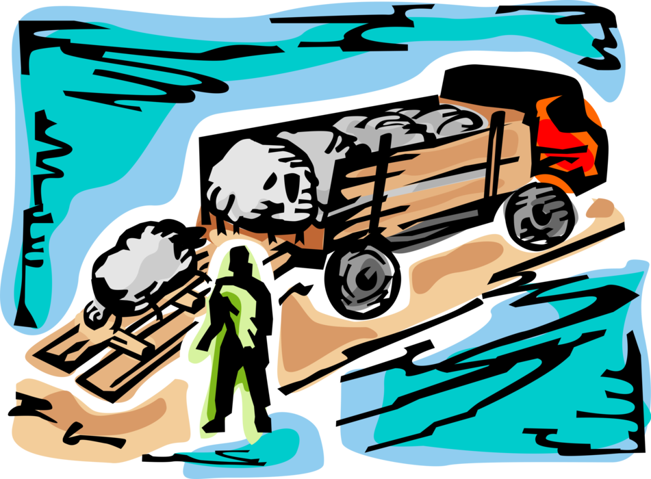 Vector Illustration of Farmer Unloads Sheep Livestock Farm Animals from Transport Truck in Farming Operation