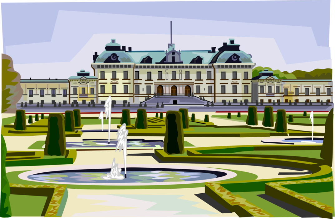 Vector Illustration of Park and Royal Residence of Drottningholm Palace, Stockholm, Sweden