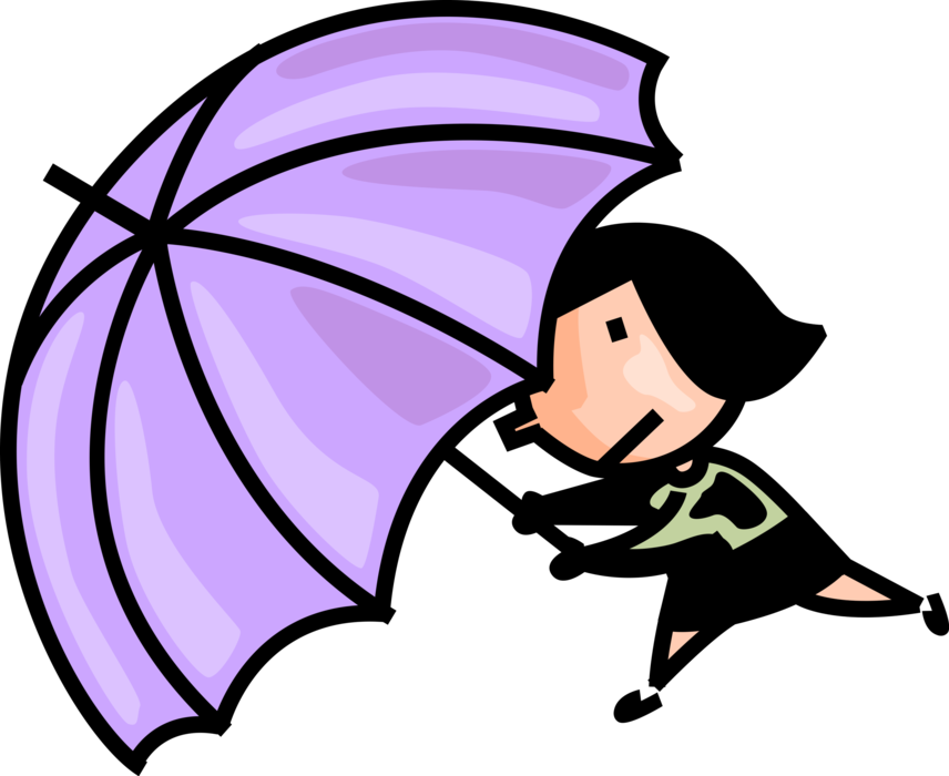Vector Illustration of Woman Caught in Thunderstorm Rain Showers with Umbrella or Parasol Rain Protection During Storm