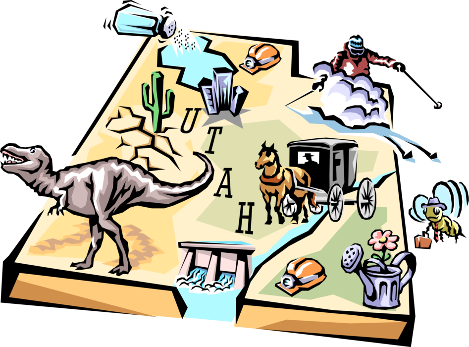 Vector Illustration of State of Utah Vignette Map with Tourism Infographic Icons, United States of America