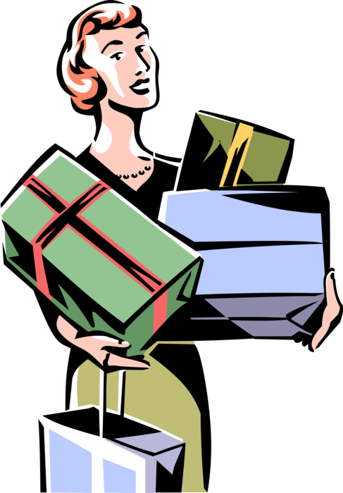 Vector Illustration of Shopper with Retail Therapy Shopping Purchases in Shopping Bags