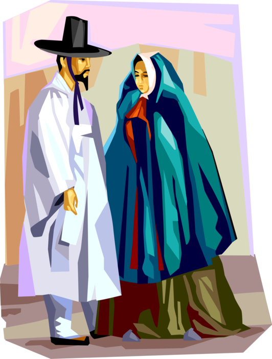 Vector Illustration of Traditional South Korean Clothing Man and Woman with Gat Hat