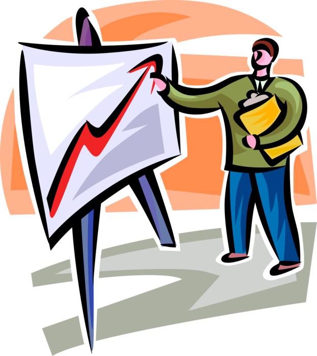 Vector Illustration of Businessman Points at Increasing Sales Chart Arrow