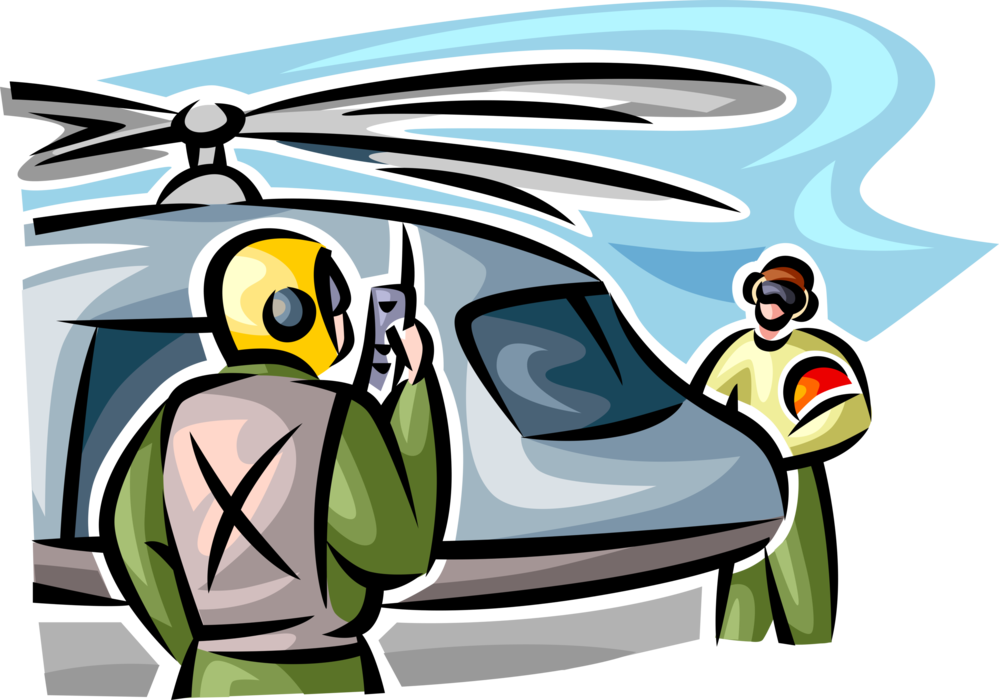 Vector Illustration of United States Air Force Personnel and Pilot Ready to Fly Helicopter from Aircraft Carrier Warship