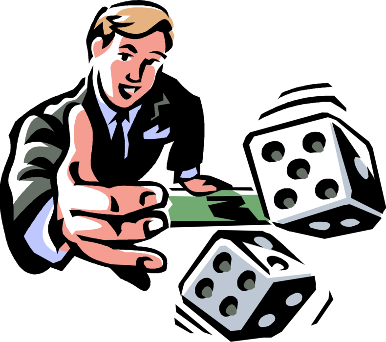 Vector Illustration of Businessman Rolls the Dice in Gambling Casino Game of Chance