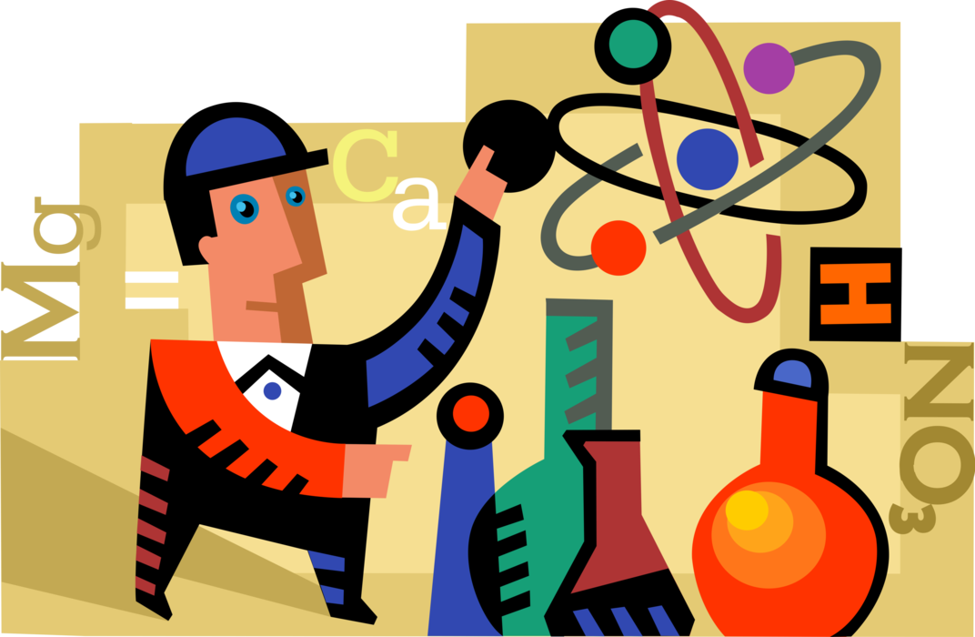 Vector Illustration of Scientist Researcher with Atom Symbol with Nucleus and Electrons and Glassware Beakers