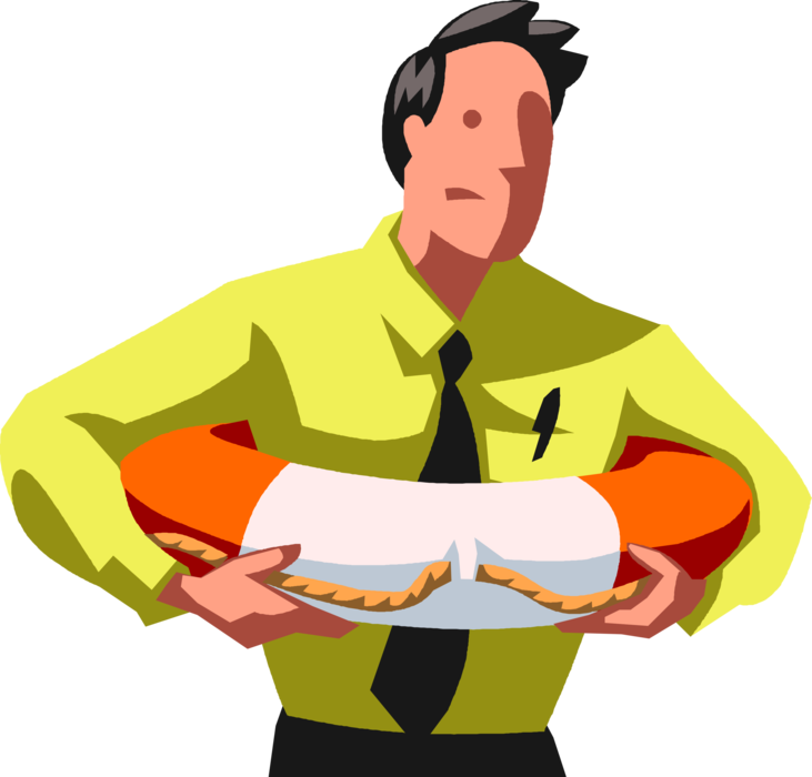 Vector Illustration of Intrepid Businessman Grabs Life Ring Preserver Personal Flotation Device