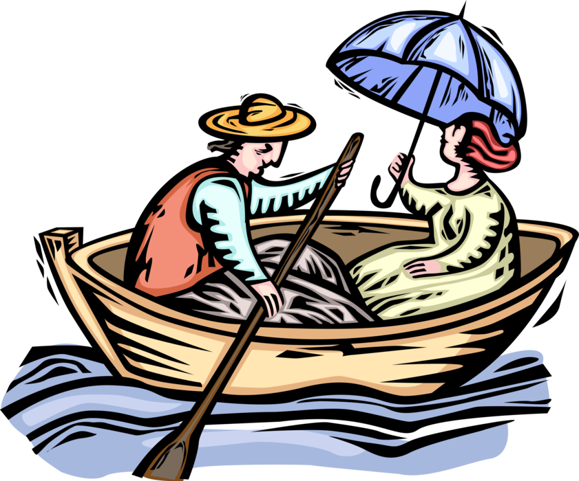 Vector Illustration of Romantic Couple Enjoy Boat Ride in Rowboat with Oar and Shade Umbrella