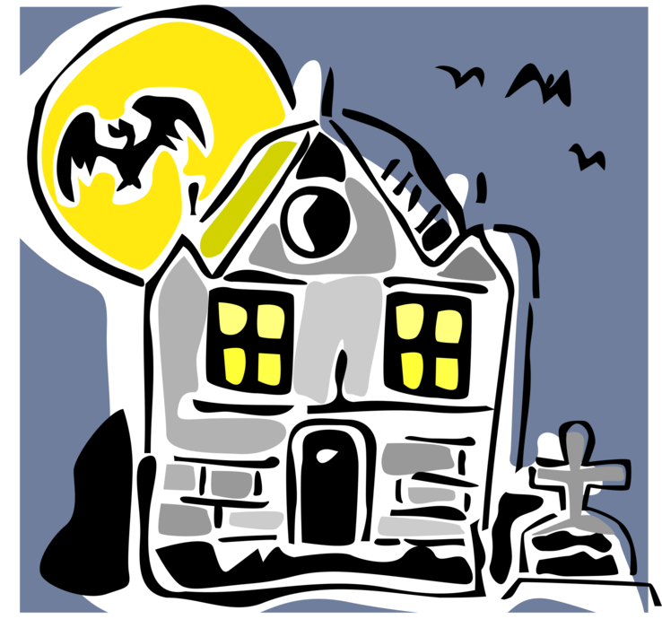 Vector Illustration of Halloween Haunted House with Tombstone Grave and Bat in Full Yellow Moon