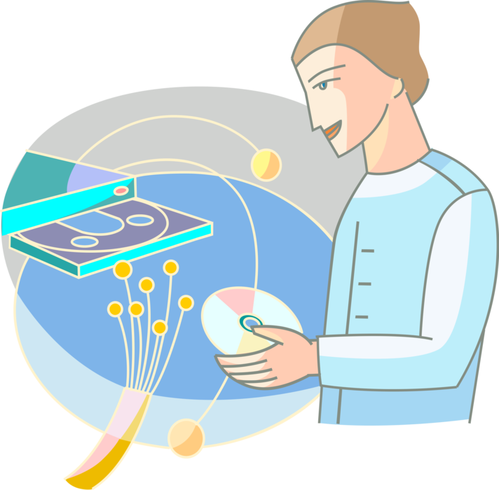 Vector Illustration of Bundle of Optical Fibers Transmit Light Signals in Fiber-Optic Telecommunications with Laser Disk DVD