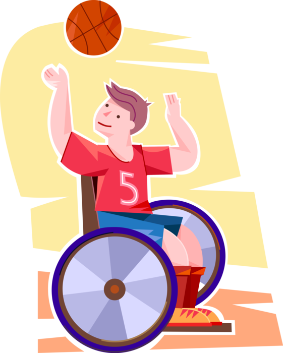Vector Illustration of Primary or Elementary School Student Physically Disabled Boy Plays Wheelchair Basketball