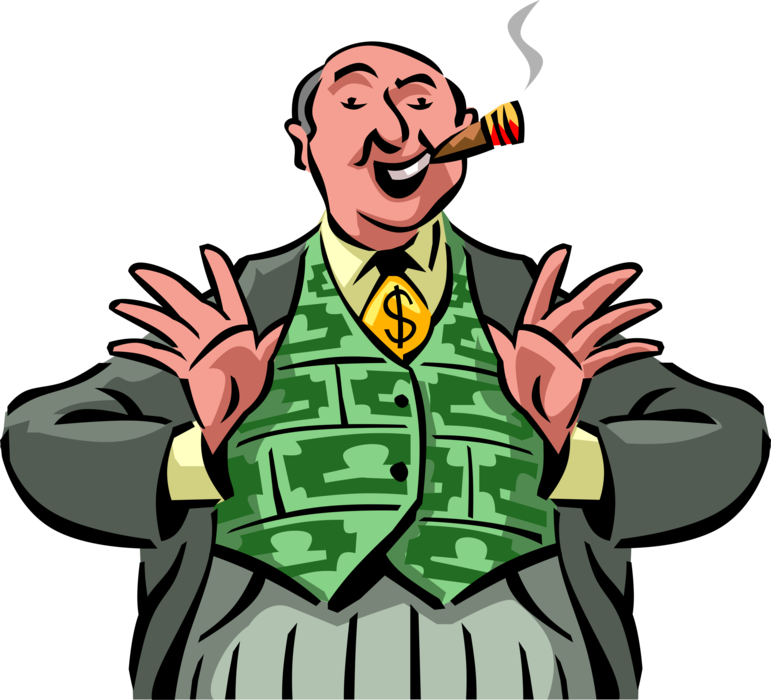 Vector Illustration of Fat Cat Big Shot Capitalist Businessman Financial Banker Tycoon Smokes Cuban Cigar