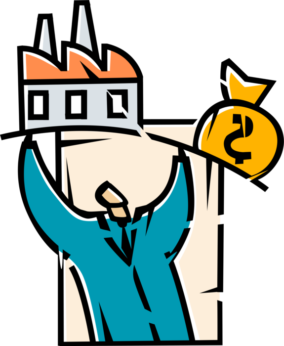 Vector Illustration of Businessman Manages Financial Cash Money Investment in Industrial Manufacturing Industry Factory