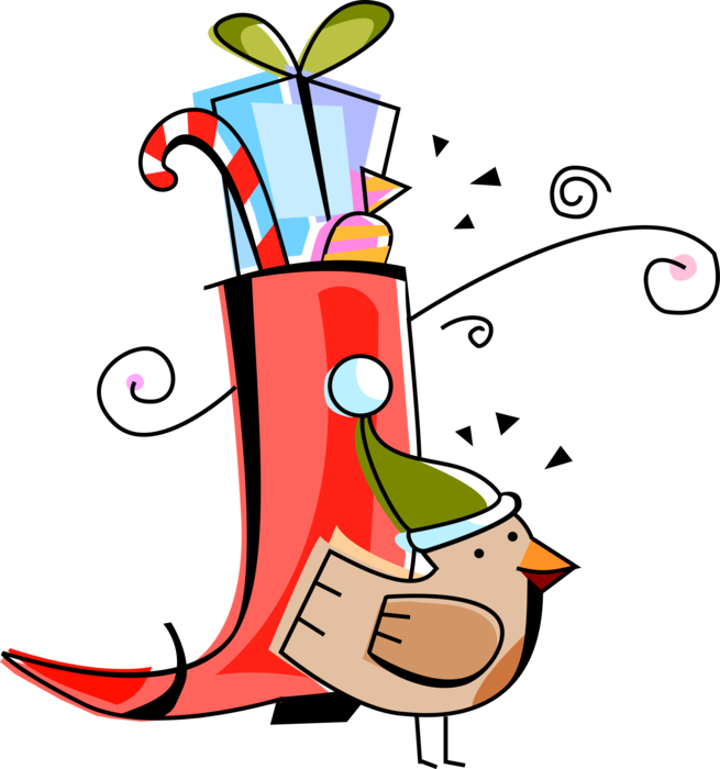 Vector Illustration of Festive Season Christmas Stocking with Candy Cane and Present Gifts with Holiday Bird