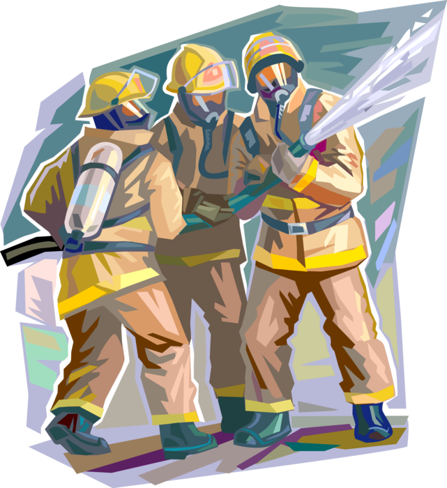 Vector Illustration of Firefighter Firemen Fight Four-Alarm Fire with Fire Hose and Water