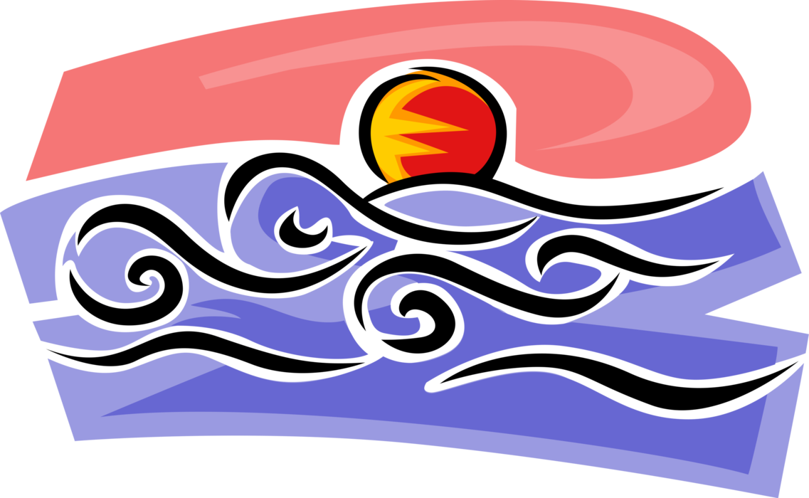 Vector Illustration of Sunsets Below Ocean Horizon with Sea Waves