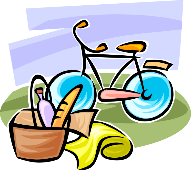 Vector Illustration of Bicycle and Picnic Basket or Picnic Hamper Holds Food and Tableware for Picnic Meal