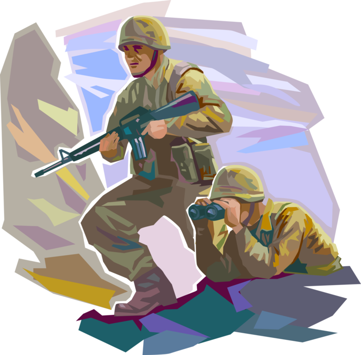 Vector Illustration of United States Military Marines in Combat Scout for Enemy Targets with Field Glasses Binoculars