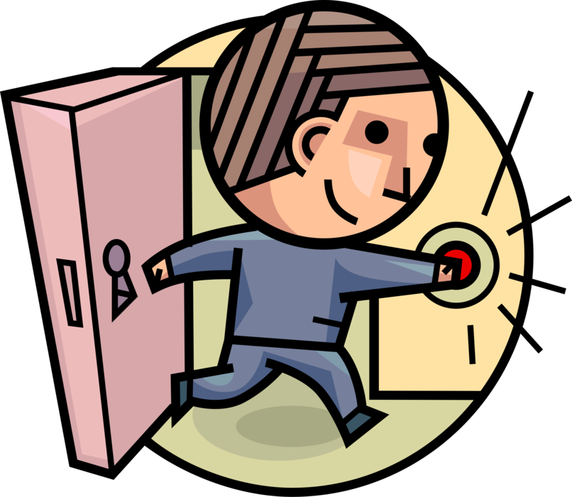 Vector Illustration of Businessman Rings Doorbell and Enters Room Through Door