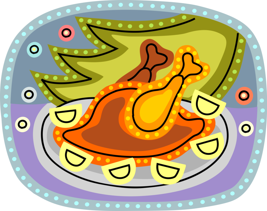 Vector Illustration of Traditional Holiday Season Roast Poultry Turkey Dinner with Evergreen Christmas Tree