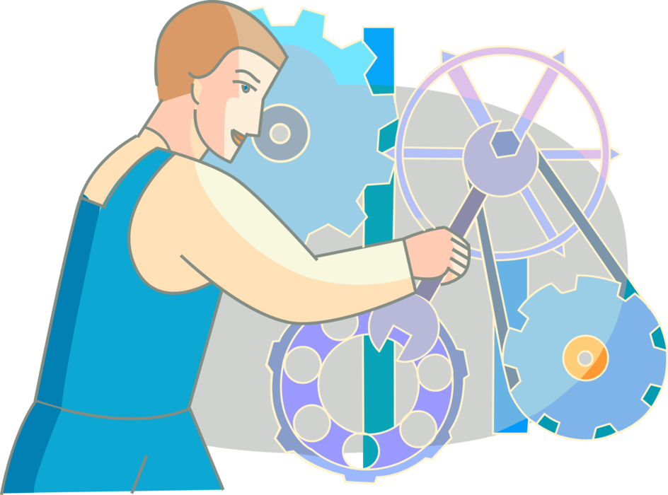Vector Illustration of Tradesman Worker Adjusts Industrial Manufacturing Cogwheel Gear Mechanism of Production