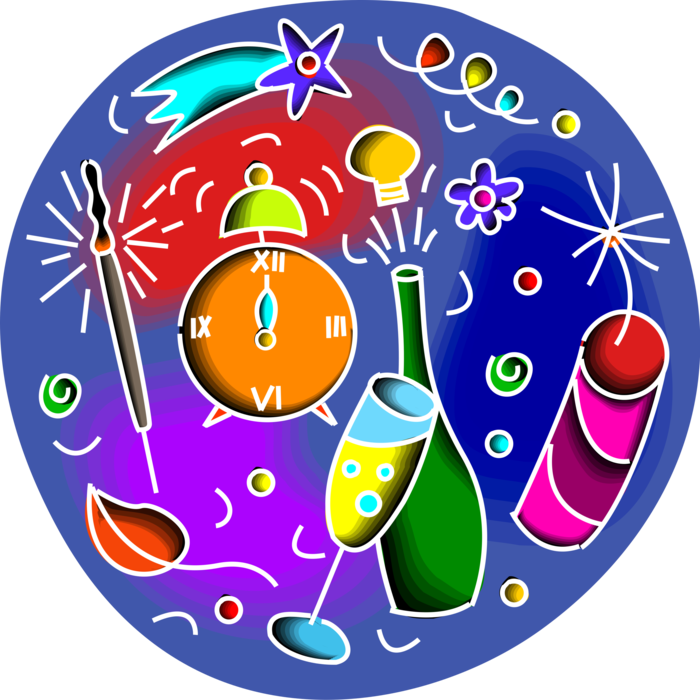 Vector Illustration of w Year's Celebration with Champagne, Firework Sparklers and Alarm Clock