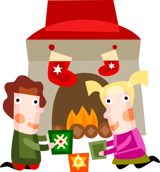 Vector Illustration of Children Open Present Gifts on Christmas Morning Beside Fireplace Hearth with Stockings