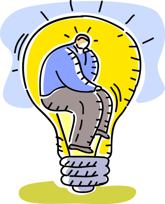 Vector Illustration of Businessman Inventor Devises Electric Light Bulb Symbol of Invention, Innovation, and Good Ideas