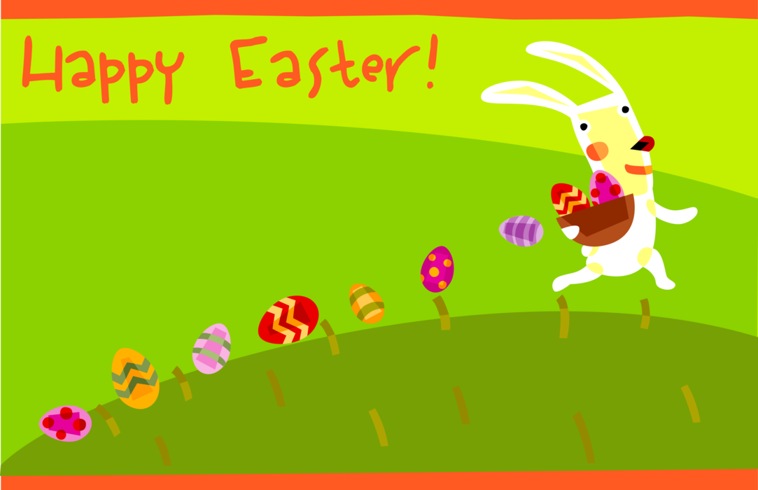Vector Illustration of Happy Easter Greeting Card with Easter Bunny Hiding Eggs for Easter Egg Hunt