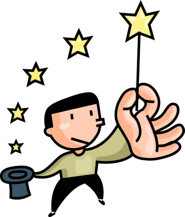 Vector Illustration of Magician Waves Magic Wand During Magic Act with Top Hat and Stars