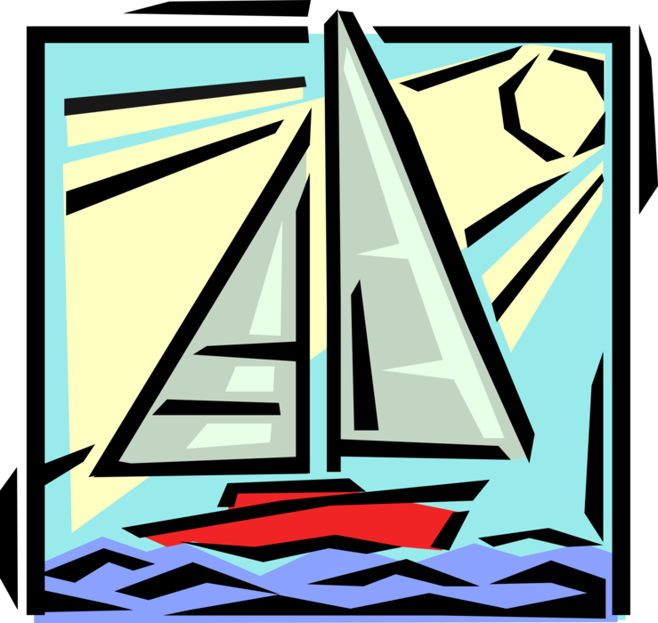 Vector Illustration of Sailboat Watercraft Vessel with Sails in Sunshine
